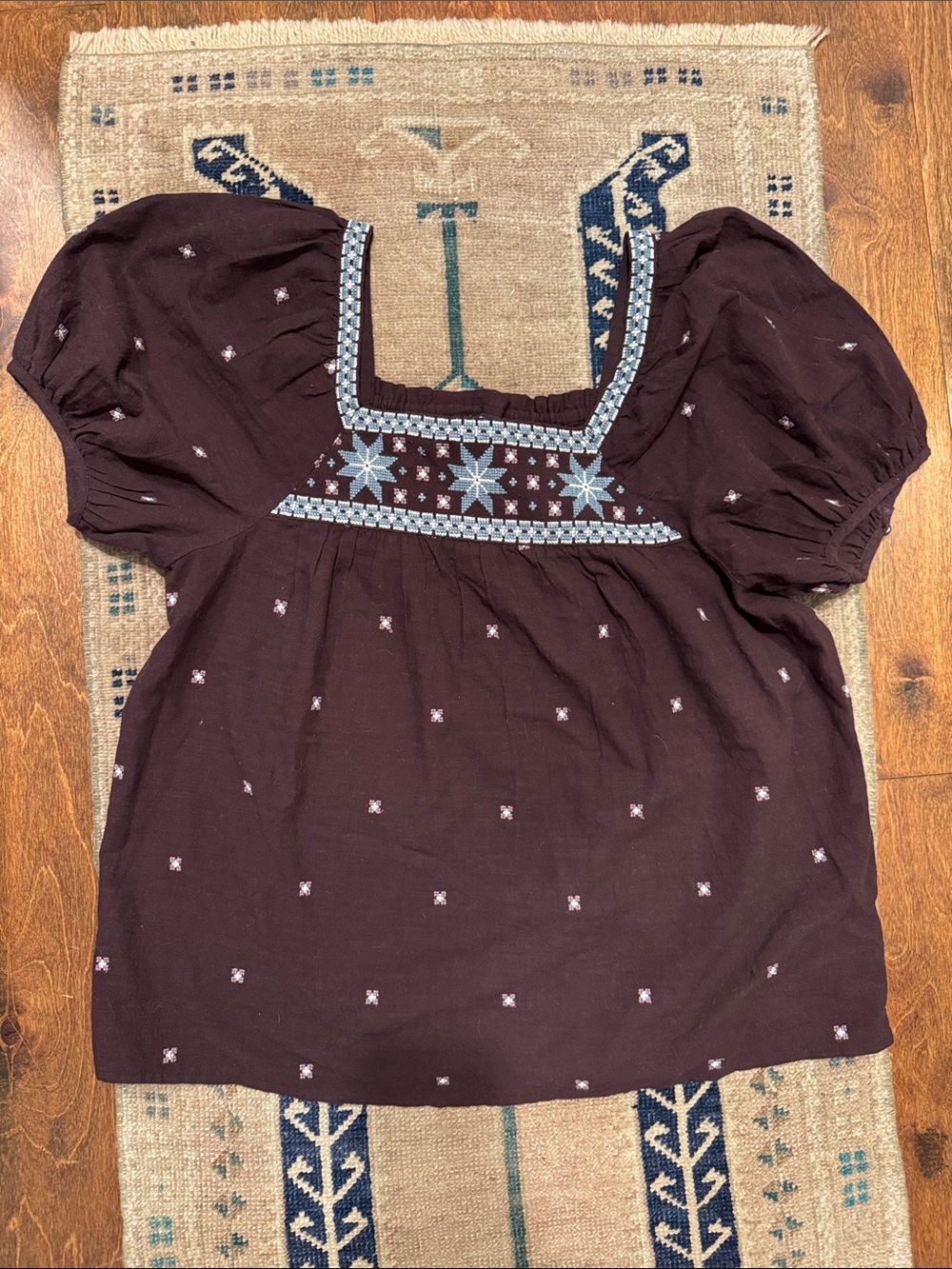 Madewell Purple/Plum Puff Sleeve Embroidered Square-Neck Top